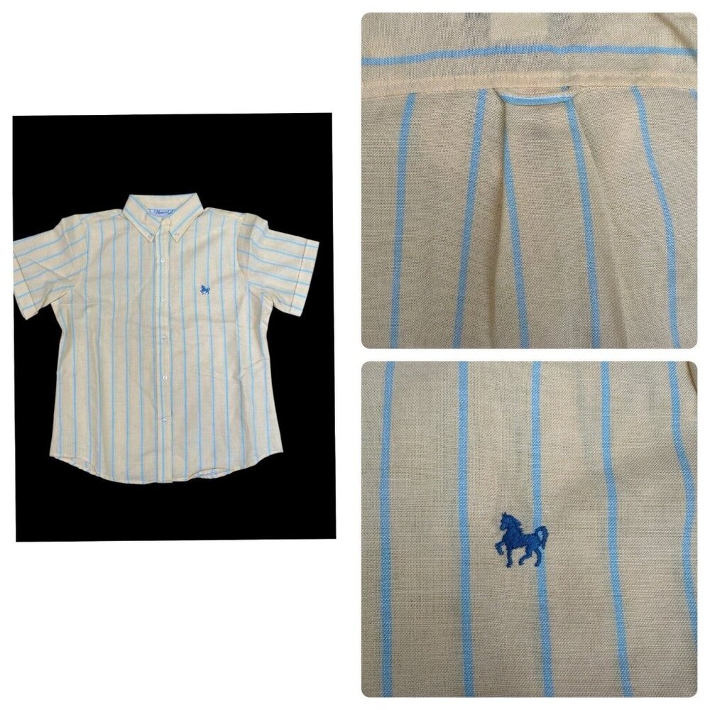 Vtg Yellow, Teal Vertical Stripes Women's Button Down Polo HUNTER'S GLEN Size 10